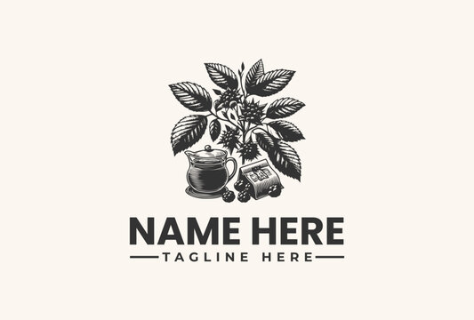 Intricate vintage cocoa plant logo vector illustration, showcasing detailed engraved beans, leaves, and a classic serving cup, perfect for artisanal beverage branding