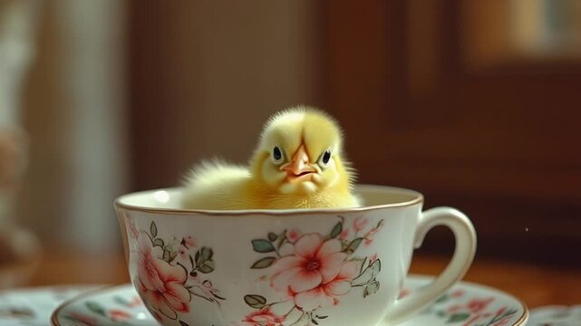 Entenk&uuml;ken badet in einer Teetasse
