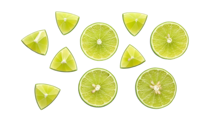 Fresh lime slices and wedges isolated on transparent background