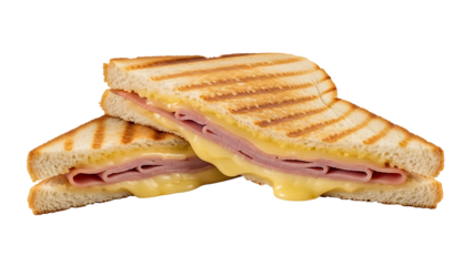 Grilled ham and cheese sandwich cut in half isolated on transparent background
