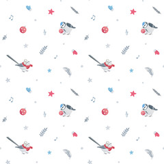Winter time songbirds seamless pattern. Long tailed tit, blue tit, titmouse in warm scarf. Cozy vibes and festive mood. Hand drawn Christmas illustration, perfect for textile and wrapping paper. © Rowanbunch Art