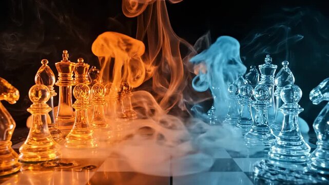 Glass chess pieces face off in a dramatic battle with vibrant orange and blue smoke. a metaphor for strategy and conflict, highlighting tension and competition.