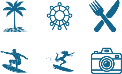 Collection of vector icons representing travel leisure dining and photography featuring a palm tree a ferris wheel cutlery surfers and a camera in an illustration