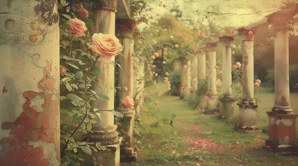 vintage photograph of an ancient roman garden, with arched columns and blooming roses in the background.