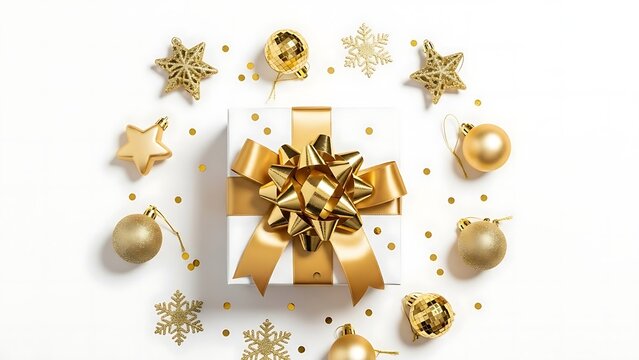 White gift box with gold bow surrounded by gold ornaments and snowflakes Christmas ornaments