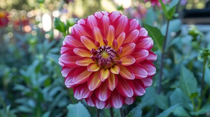 Close up of a vibrant pink and orange dahlia flower in full bloom with green foliage background