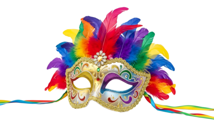 Ornate carnival masquerade mask with vibrant rainbow feather decoration isolated on transparent background