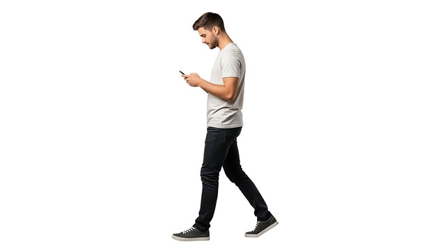 Young man walking while looking down at his mobile phone isolated on transparent background