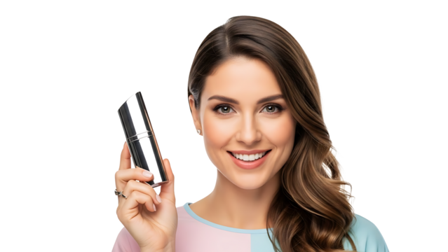 Smiling woman holding a black and silver credit card isolated on transparent background - Powered by Adobe