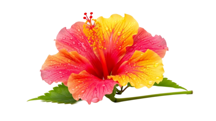 Vibrant pink and yellow hibiscus flower with water drops isolated on transparent background