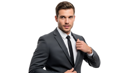 Confident businessman in dark suit adjusting his jacket isolated on transparent background