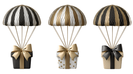Collection of luxury gift boxes parachuting down tied with black beige and gold ribbons bows and festive striped polka dot parachutes isolated  transparent background. PNG