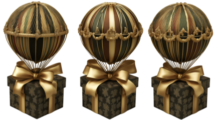 Set of luxurious vintage hot air balloon Christmas gift boxes with ornate gold, deep green, and black isolated transparent background. PNG