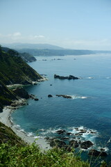 View from a high coastal cliff in Asturias, Northern Spain showing rocky vegetation-covered cliffs, a sandy shoreline, and the ocean stretching to the horizon. A bright summer day with clear cloudless