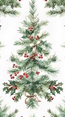 christmas tree, holly, and bow pattern on a white background
