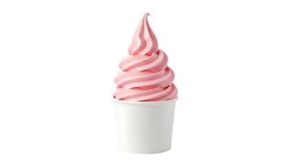 Pink frozen yogurt swirl in a white cup isolated on transparent background
