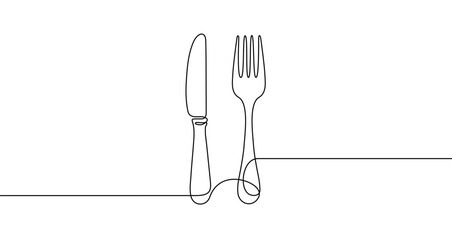 Knife and fork drawing in continuous one line art style. Cutlery sketch with editable black stroke on white background. Vector illustration.