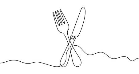 Continuous one line drawing of a crossed dining fork and knife. Utensils drawing with editable black stroke on white background. Vector illustration.