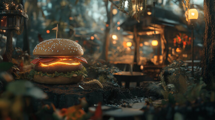 fantasy feast scene with enchanted glowing burger 
