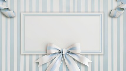 design a white frame with delicate stripes in light blue and gray, adorned with an elegant ribbon bow at the bottom edge of the design.