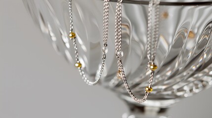  earrings made of silver chain, with small diamonds and yellow gold beads hanging from the chains on glass stands placed next to each other in an elegant champagne bowl