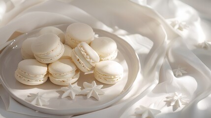 white macarons on a plate, meringue star shapes around them, soft shadows, light from above, a white tablecloth background