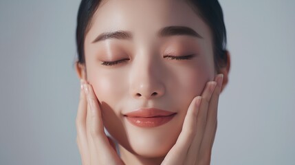 korean skin care commercial, featuring a woman with black hair and fair skin gently touching her face in the center of the frame. her eyes are closed