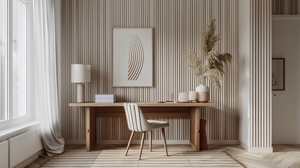 minimalist home office with striped wallpaper, wooden desk and chair, minimalist accessories, light gray and beige color scheme