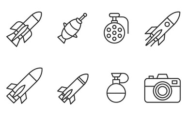Anti-Tank Weapons Icons, comprehensive outline illustrations arranged by functional rank, showcasing guided missiles, recoilless rifles, shaped charges, anti-tank mines, and rocket launchers for 