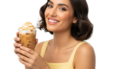 Smiling woman holding delicious iced coffee with whipped cream isolated on transparent background
