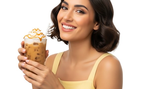 Smiling woman holding delicious iced coffee with whipped cream isolated on transparent background - Powered by Adobe