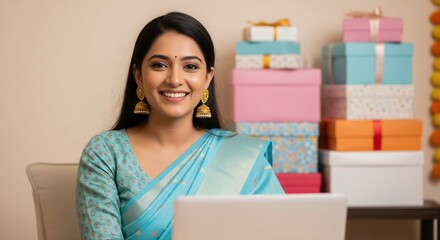 Joyful Indian woman in traditional saree with laptop and gifts