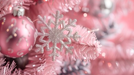 
pink background, pink snowflakes, and silver ornaments on the tree. close-up of snowflake decorations.