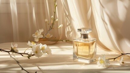 product photography, featuring a perfume bottle on a table, with a beige curtain in the background