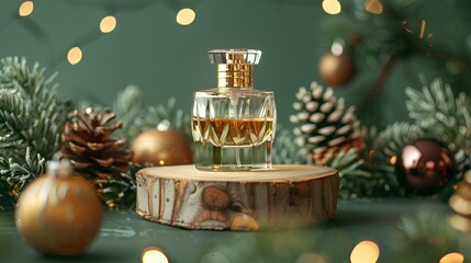 product photography, featuring a perfume bottle on a wooden podium surrounded by pine branches and christmas decorations, against a green background
