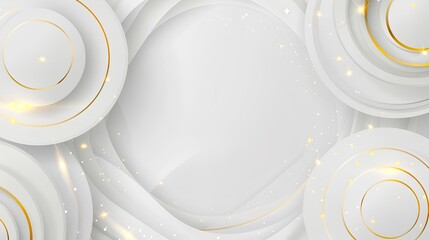white background, light gray and gold style, with circular halos surrounding the edges of circles on top, sparkling stars, linear gradient background