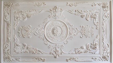 white carpet with a white background, rectangular in shape, with an embossed border and a decorative pattern relief in the middle of the frame