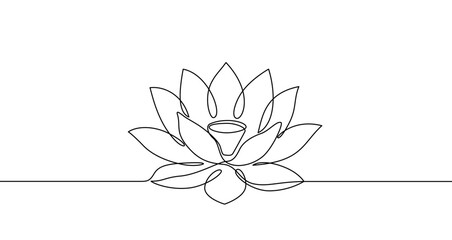 Continuous one line drawing of a lotus flower with many petals. Drawing of a floral plant with editable black stroke on white background. Vector illustration.