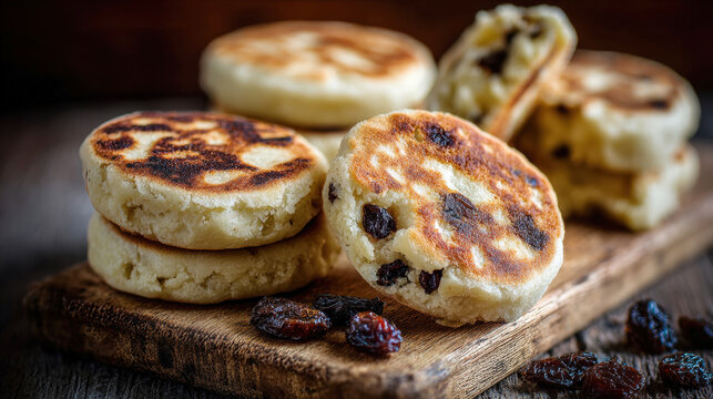 Traditional Welsh Cakes or Griddle Scones Piled on a Wooden Cutting Board, Featuring Golden-Brown Sides and Visible Raisins, Ready for Serving