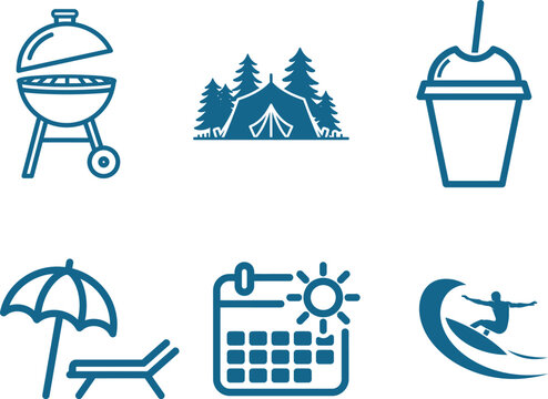 Summer outdoor activities icons including barbecue camping drinks sunbathing surfing and planning a vacation representing seasonal fun and recreation in the sunshine for holidays