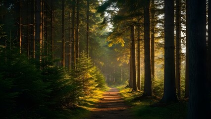 Sunlit forest path winding through tall trees with golden light creating a tranquil natural landscap