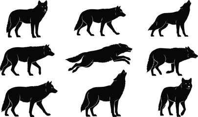Wolf Silhouette Vector Set, Detailed Icons of Wild Canines Howling, Walking, and Running, Black Graphics for Wildlife, Nature, Forest, Animal, and Outdoor Design Projects