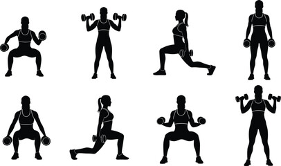 Woman Lifting Dumbbell Silhouette Set, Fitness Training, Weightlifting, Bodybuilding, Squat, Lunge, and Workout Exercise Icon, Isolated Vector Design