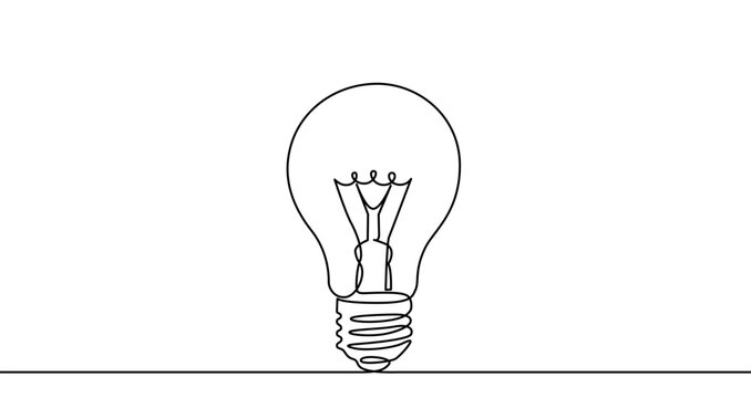 Continuous one line drawing of an electric light bulb, a symbol of an idea. Drawing of an incandescent lamp with editable black stroke on white background. Vector illustration.