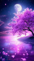Purple flowers under a full moon in a fantasy style, with a purple background, water reflections, purple butterflies, and petals falling from branches, creating a magical atmosphere