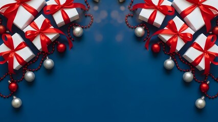 Christmas gifts and decorations on blue background with copy space