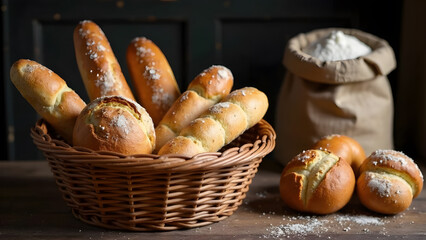 Fresh Homemade Bread Rolls in Wicker Basket with Flour Bag