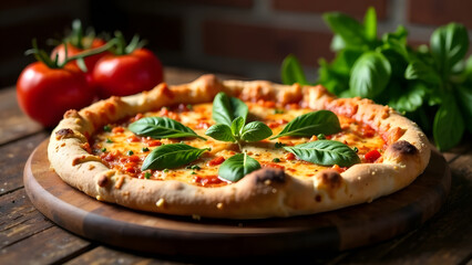 Fresh Margherita Pizza with Basil Leaves on Wooden Board