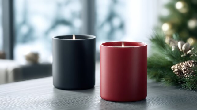 Close Up Shot Of Two Lit Candles With Christmas Decorations In Blurred Background