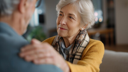 Female support worker visiting senior couple at home elderly care services geriatric social work community health visit senior wellness assessment home care consultation